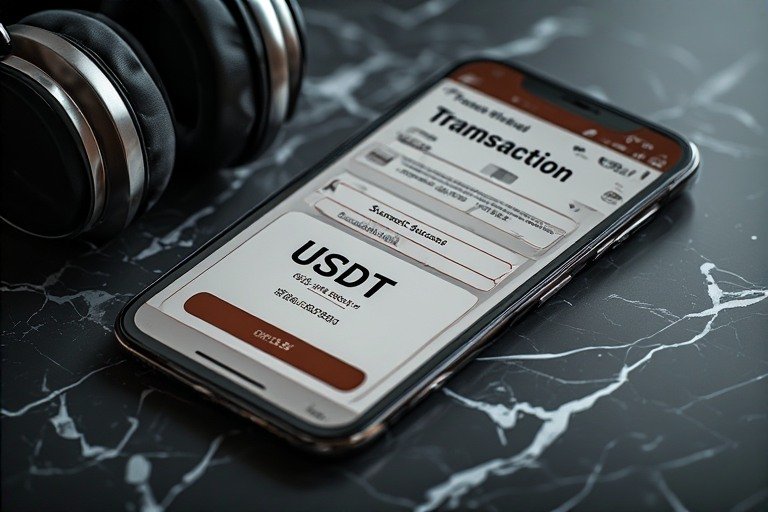 스마트폰에 표시된 고액의 USDT 입금 성공 알림과 고급스러운 소품 이미지